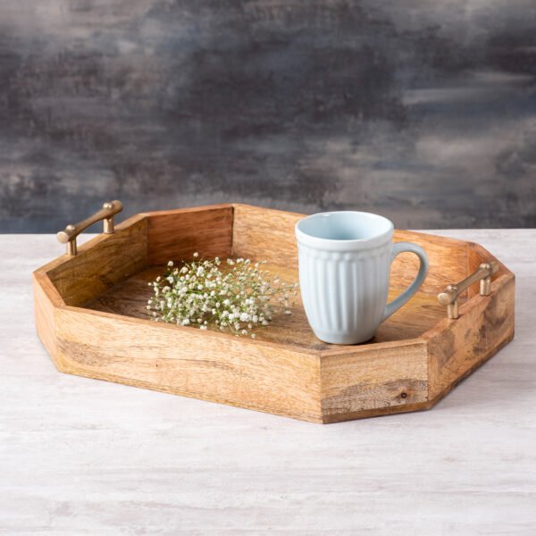 13 Inch Mango Wood Hexagonal Serving Tray, Handcrafted Coffee